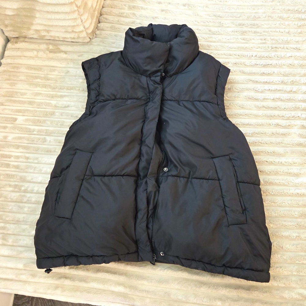 Ci Sono Black Quilted Puffer Vest Womens S High Stand Collar Snap Pockets zip